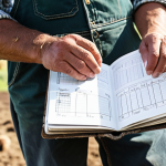 **

A close-up shot of a farmer's hands, weathered and strong, holding a well-organized portfolio. The portfolio contains photos of livestock, handwritten notes, and spreadsheets. The background is blurred, showing a sunny farm scene with cattle grazing. The overall tone is authentic and demonstrates practical experience. Focus on conveying competence and pride.

**