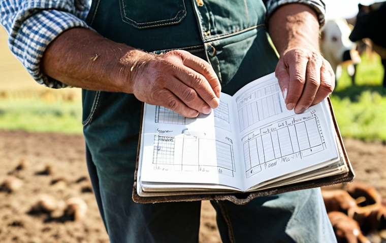 **
A close-up shot of a farmer's hands, weathered and strong, holding a well-organized portfolio. The portfolio contains photos of livestock, handwritten notes, and spreadsheets. The background is blurred, showing a sunny farm scene with cattle grazing. The overall tone is authentic and demonstrates practical experience. Focus on conveying competence and pride.
**