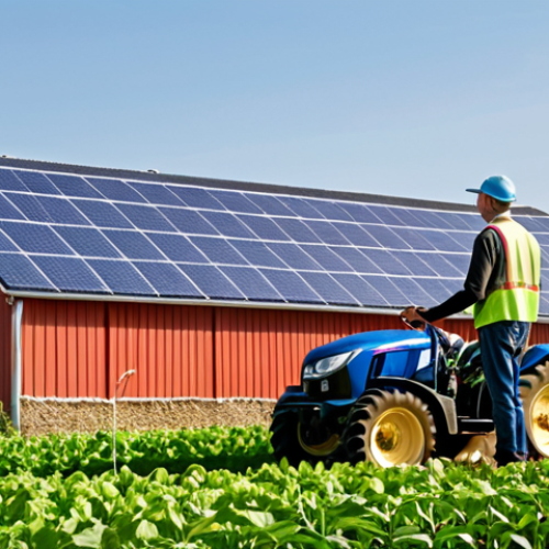 **Prompt:** A farmer standing proudly in front of a modern barn equipped with solar panels, inspecting a field of healthy crops. In the background, a tractor with GPS-guided technology is working the land. The image conveys a sense of innovation and sustainability in agriculture, highlighting government incentives for technology adoption and renewable energy.