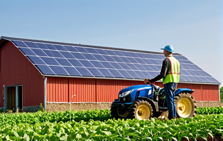 **Prompt:** A farmer standing proudly in front of a modern barn equipped with solar panels, inspecting a field of healthy crops. In the background, a tractor with GPS-guided technology is working the land. The image conveys a sense of innovation and sustainability in agriculture, highlighting government incentives for technology adoption and renewable energy.