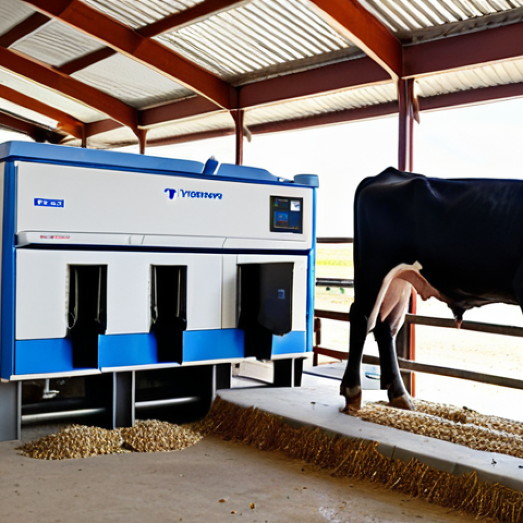 **Prompt 1: Precision Nutrition in Action**
    "A clean, well-lit interior of a modern livestock barn. In the foreground, an individual cow stands calmly at a 'smart feeding station,' with a visible RFID reader near its ear tag and a precise automated dispenser delivering a custom feed ration into a trough. In the background, automated TMR (Total Mixed Ration) mixing machinery is visible. The scene emphasizes personalized animal care, efficiency, and advanced technology ensuring optimal nutrition and minimal waste. The overall mood is futuristic, productive, and focused on animal well-being."