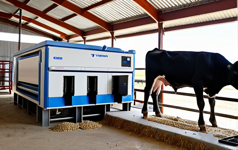 **Prompt 1: Precision Nutrition in Action**
"A clean, well-lit interior of a modern livestock barn. In the foreground, an individual cow stands calmly at a 'smart feeding station,' with a visible RFID reader near its ear tag and a precise automated dispenser delivering a custom feed ration into a trough. In the background, automated TMR (Total Mixed Ration) mixing machinery is visible. The scene emphasizes personalized animal care, efficiency, and advanced technology ensuring optimal nutrition and minimal waste. The overall mood is futuristic, productive, and focused on animal well-being."