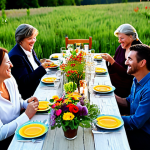 Farm-to-Table Dinner Scene**

"A professionally lit photograph of a farm-to-table dinner. Guests are seated at a long wooden table adorned with wildflowers and candles, enjoying a meal featuring fresh vegetables and meats. The scene takes place outdoors in a charming, rustic setting on a family-run farm at sunset. Everyone is fully clothed in appropriate attire for an outdoor dinner. Focus on the vibrant colors of the food and the joyful atmosphere. Safe for work, appropriate content, modest clothing, perfect anatomy, natural proportions, professional."

**