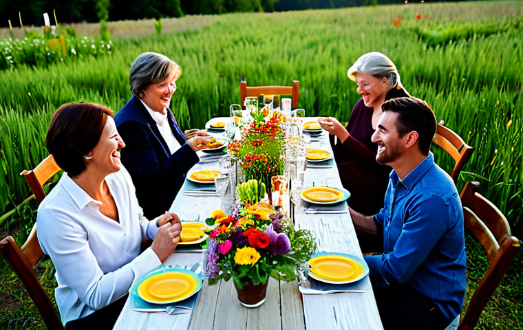 Farm-to-Table Dinner Scene**

"A professionally lit photograph of a farm-to-table dinner. Guests are seated at a long wooden table adorned with wildflowers and candles, enjoying a meal featuring fresh vegetables and meats. The scene takes place outdoors in a charming, rustic setting on a family-run farm at sunset. Everyone is fully clothed in appropriate attire for an outdoor dinner. Focus on the vibrant colors of the food and the joyful atmosphere. Safe for work, appropriate content, modest clothing, perfect anatomy, natural proportions, professional."

**