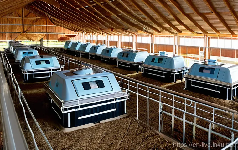 축산업 최신 장비 리뷰 - **Prompt:** A wide-angle, brightly lit scene inside a high-tech dairy barn featuring an automated fe...