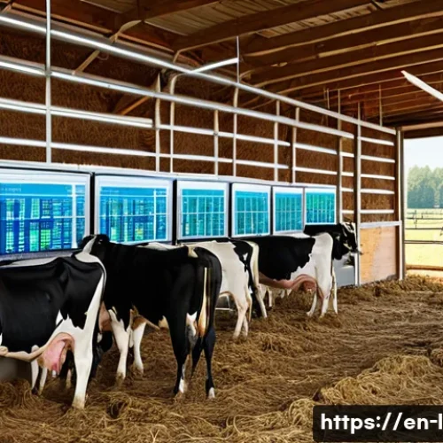 축산업 동물 건강증진 기술 - **Prompt:** A modern, sunlit dairy farm interior with several healthy, content dairy cows. Each cow ...