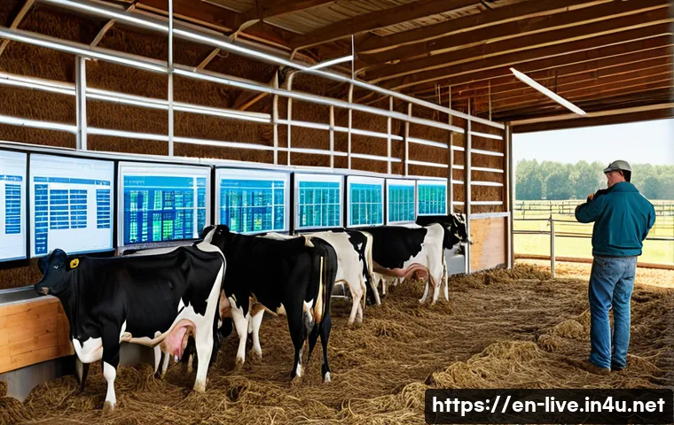 축산업 동물 건강증진 기술 - **Prompt:** A modern, sunlit dairy farm interior with several healthy, content dairy cows. Each cow ...