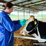 축산업 실습 성공 사례 - A detailed scene of a modern livestock farm internship showing an intern carefully administering a v...