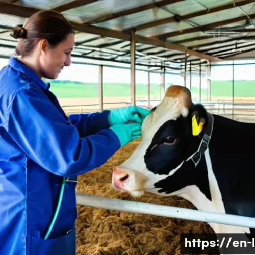축산업 실습 성공 사례 - A detailed scene of a modern livestock farm internship showing an intern carefully administering a v...