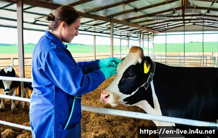 축산업 실습 성공 사례 - A detailed scene of a modern livestock farm internship showing an intern carefully administering a v...