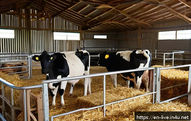 축산업 정부 규제와 정책 변화 - A modern livestock barn interior showcasing spacious, well-lit pens with comfortable bedding materia...