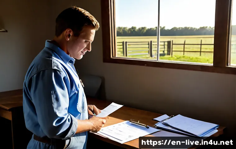 Home 15 축산업 자격증 면제 요건 - Photorealistic rural American livestock farmer in clean work clothes reviewing blank certification p...