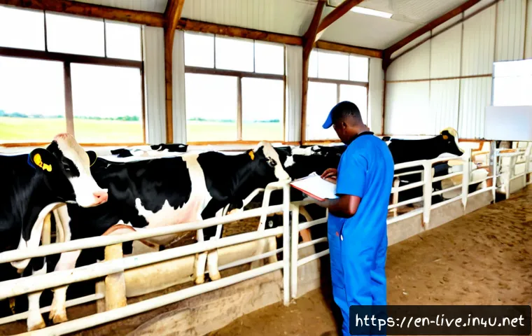 축산업 신규 자격증 소개 - Photorealistic modern livestock training facility, a diverse group of adult farm workers in clean pr...